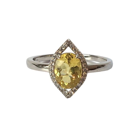 Sterling Silver Citrine Ring Size 8 Cubic Zirconia Halo Marquise Eye - Picture 1 of 14